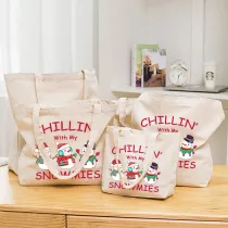 Christmas Eco Friendly Chill In With My Snowmies Beige Handle Canvas Tote Bag