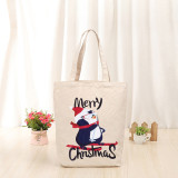 Christmas Eco Friendly Skiing Penguin Beige Handle Canvas Tote Bag