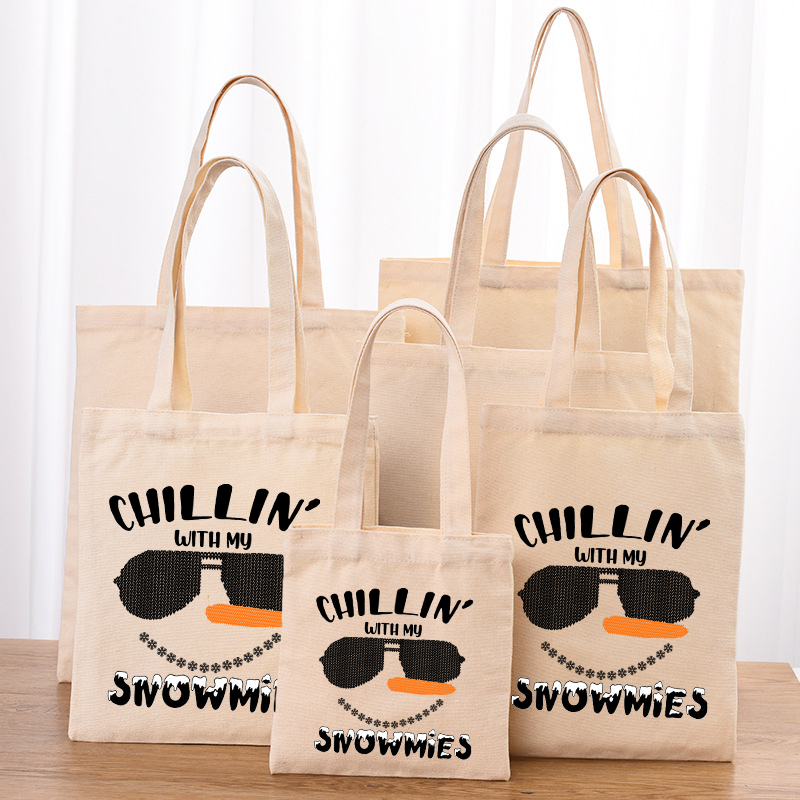 Christmas Eco Friendly Chill In With My Snowmies Beige Handle Canvas Tote Bag