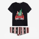 Christmas Matching Family Pajamas Car With Christmas Tree Seamless Reindeer Black Pajamas Set