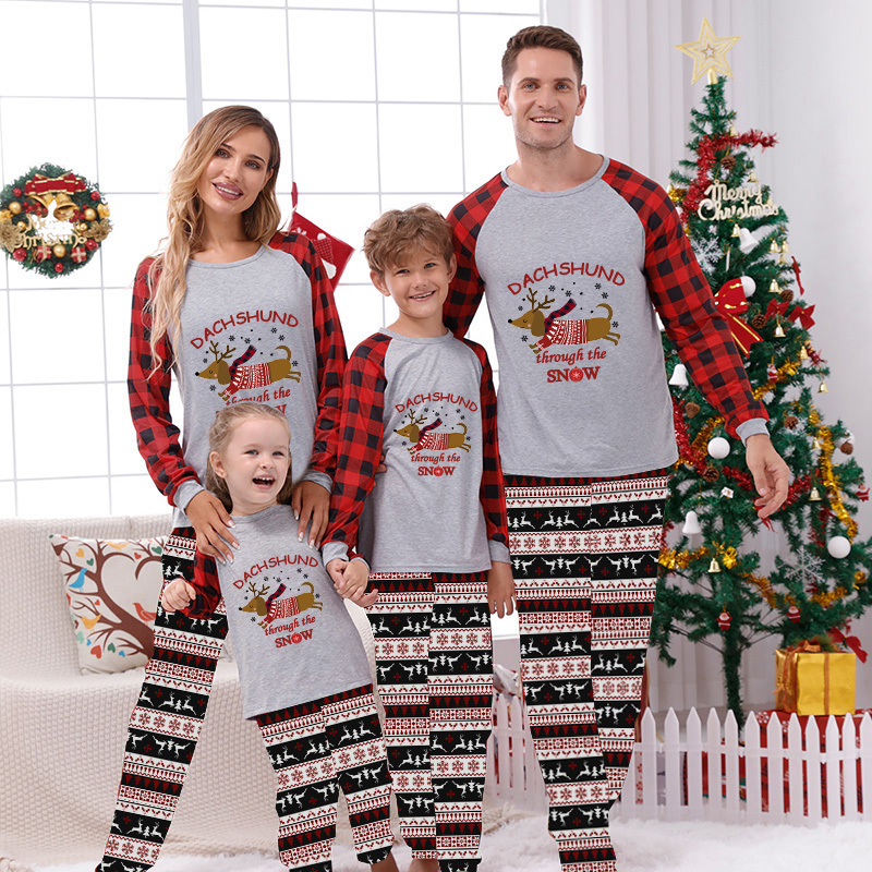 Christmas Matching Family Pajamas Dachshund Through The Snow Seamless Reindeer White Pajamas Set