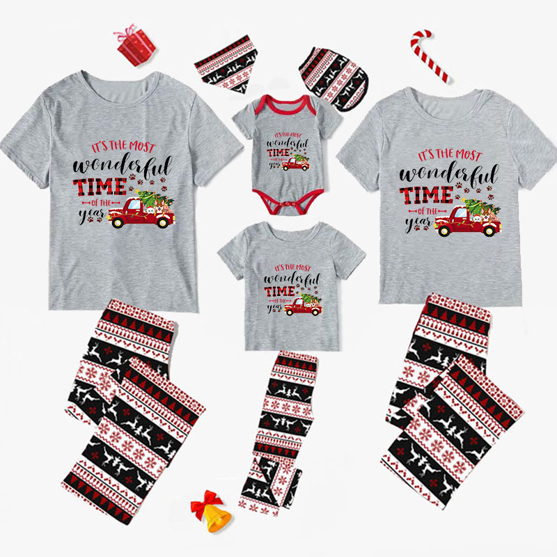 Christmas Matching Family Pajamas It's The Most Wonderful Time Of The Year Truck Seamless Reindeer Gray Pajamas Set