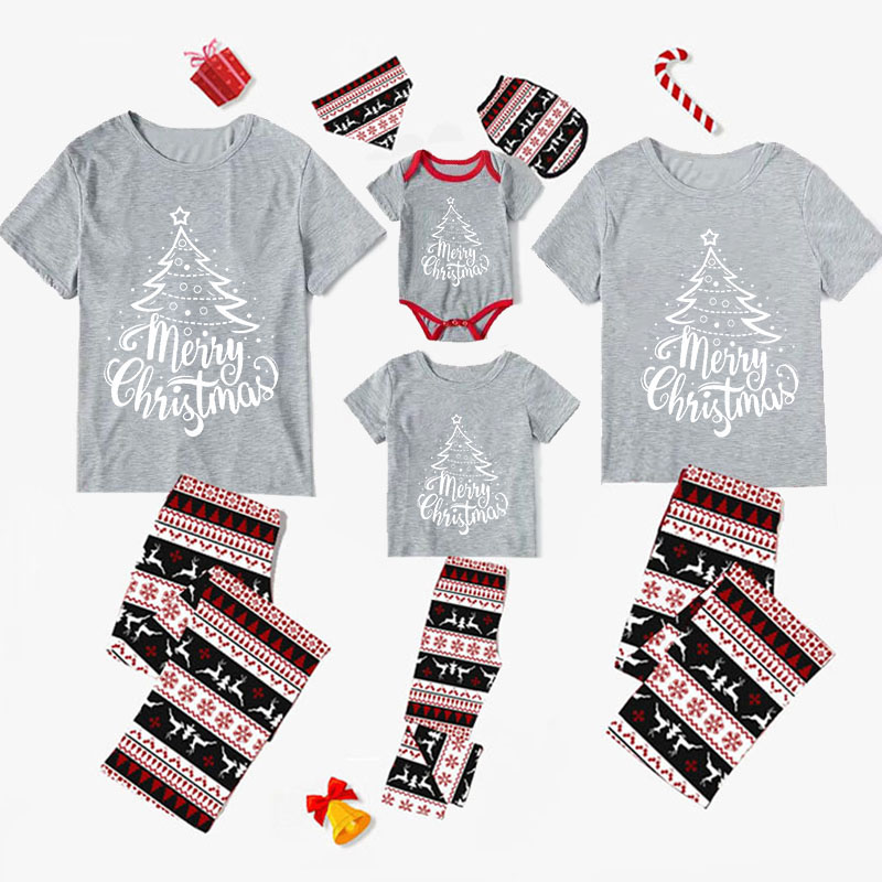 Christmas Matching Family Pajamas Christmas Tree Seamless Reindeer Gray Pajamas Set