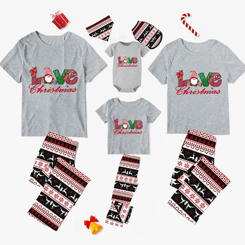Christmas Matching Family Pajamas Love Gnome Seamless Reindeer Gray Pajamas Set