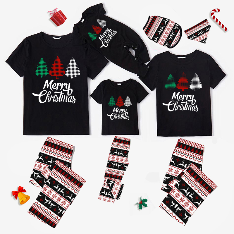 Christmas Matching Family Pajamas Three Trees Seamless Reindeer Black Pajamas Set