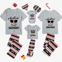 Christmas Matching Family Pajamas Chill In With My Snowmies With Sunglasses Seamless Reindeer Gray Pajamas Set