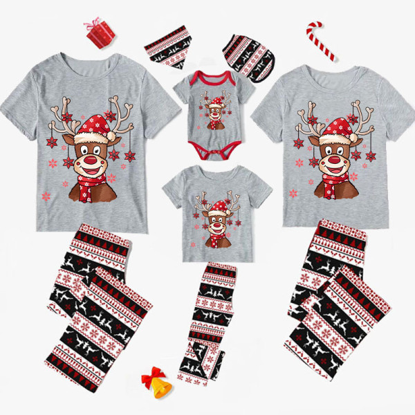 Christmas Matching Family Pajamas Deer With Maple Leaves Seamless Reindeer Gray Pajamas Set