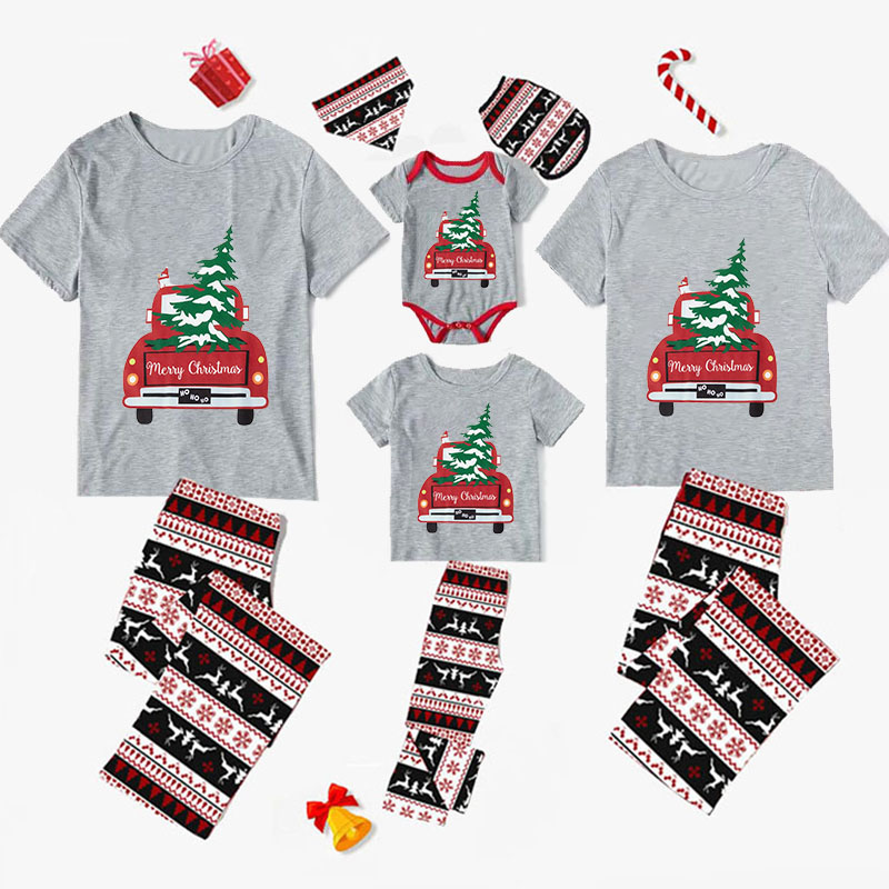 Christmas Matching Family Pajamas Car With Christmas Tree Seamless Reindeer Gray Pajamas Set