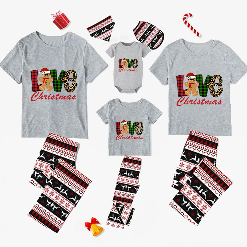 Christmas Matching Family Pajamas Love Gingerbread Man Seamless Reindeer Gray Pajamas Set