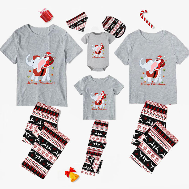 Christmas Matching Family Pajamas Elephant With Santa Claus Seamless Reindeer Gray Pajamas Set