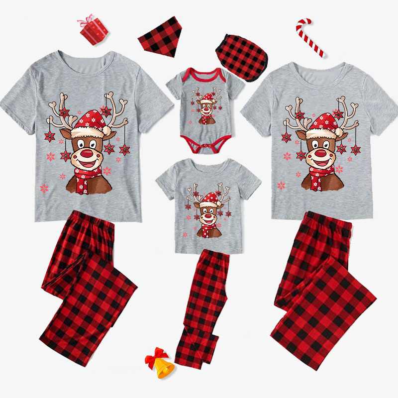 Christmas Matching Family Pajamas Deer With Maple Leaves Gray Pajamas Set