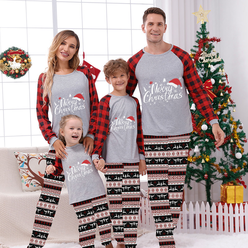 Christmas Matching Family Pajamas Merry Christmas Hat Seamless Reindeer Gray Pajamas Set