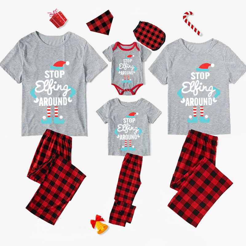 Christmas Matching Family Pajamas Stop Elfing Around Gray Pajamas Set