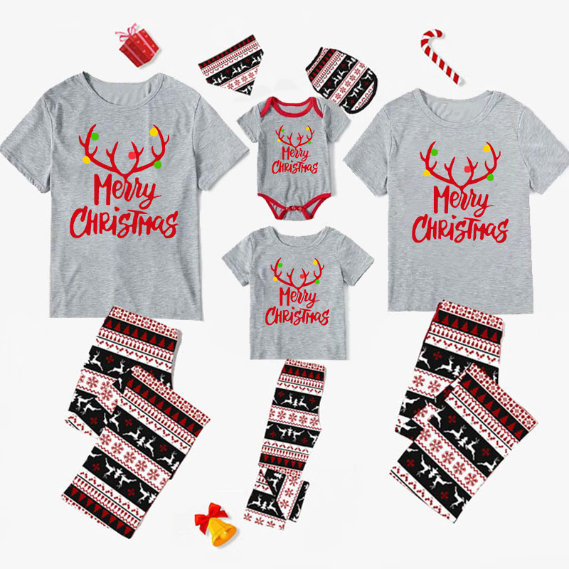 Christmas Matching Family Pajamas Deer Antler Seamless Reindeer Gray Pajamas Set