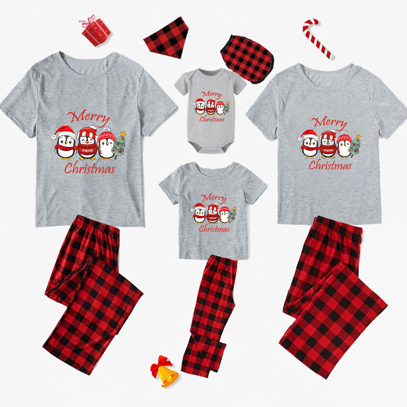 Christmas Matching Family Pajamas Three Penguins Gray Pajamas Set