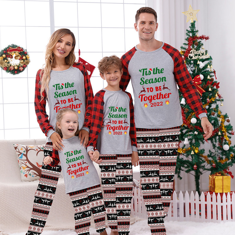 2022 Christmas Matching Family Pajamas It's The Season To Be Together Seamless Reindeer White Pajamas Set