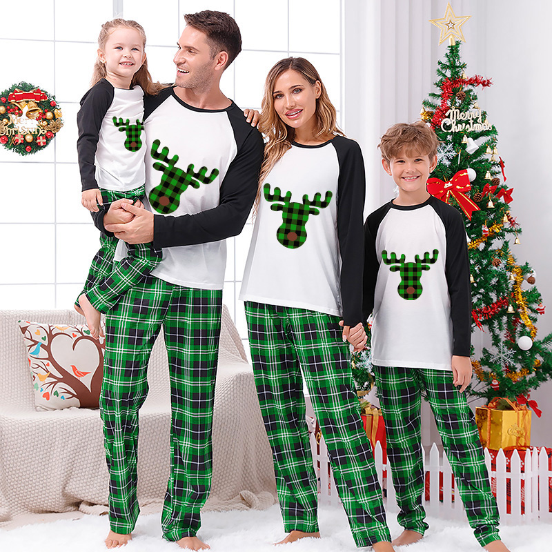 Christmas Matching Family Pajamas Plaids Deer Green Pajamas Set