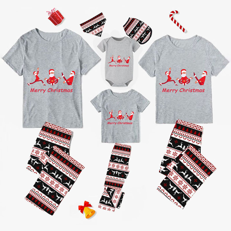 Christmas Matching Family Pajamas Santa Claus Working Out Seamless Reindeer Gray Pajamas Set