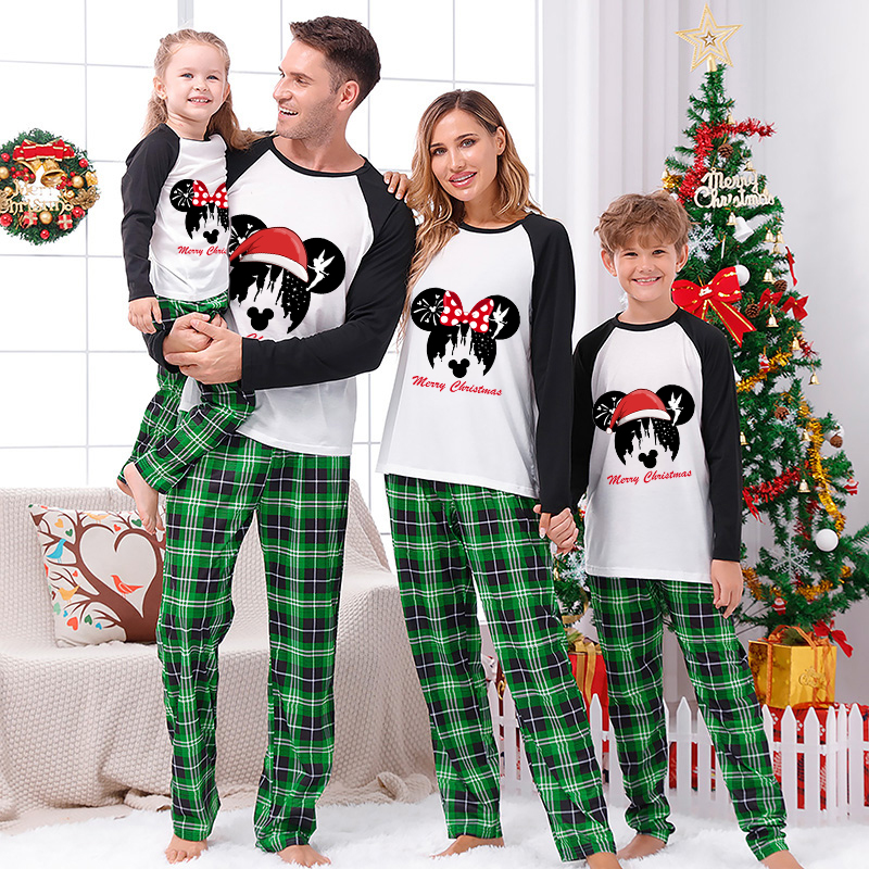 Christmas Matching Family Pajamas Cartoon Mouse With Christmas Hat Green Pajamas Set