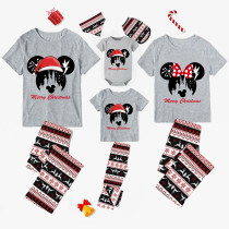 Christmas Matching Family Pajamas Cartoon Mouse With Christmas Hat Seamless Reindeer Gray Pajamas Set