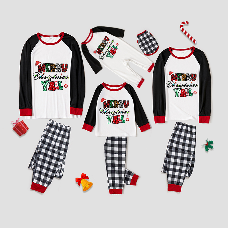 Christmas Matching Family Pajamas Exclusive Design Checkered Squares Merry Christmas with Hat White Pajamas Set