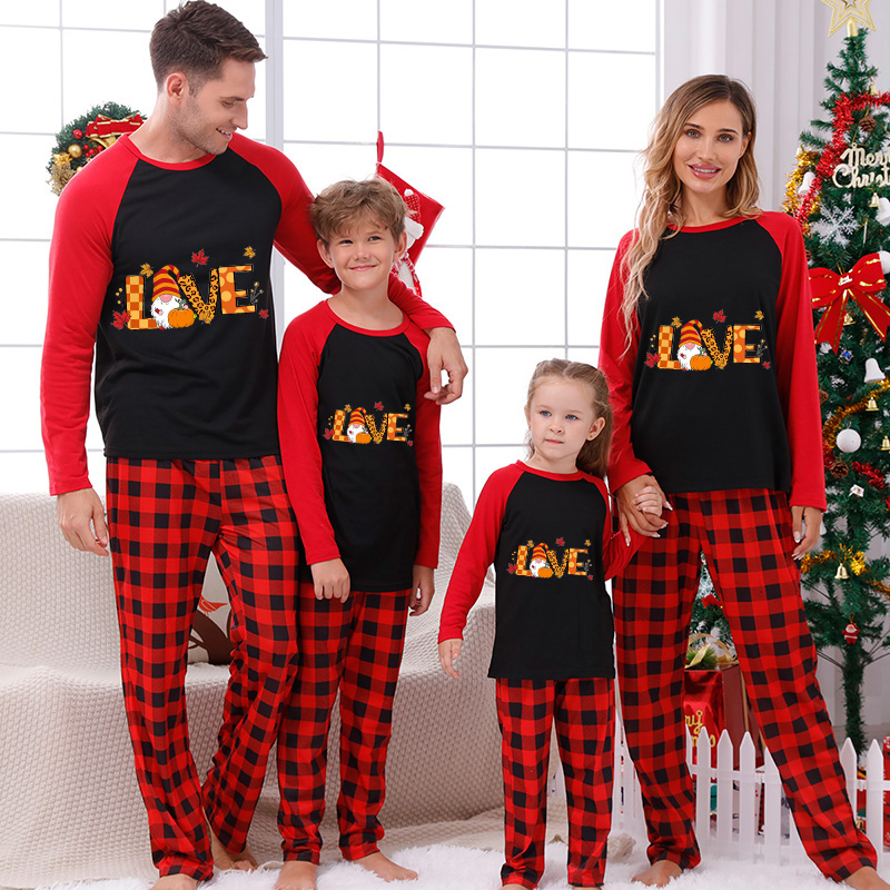 Thanksgiving Day Matching Family Pajamas Love Gnome Maples Red Pajamas Set