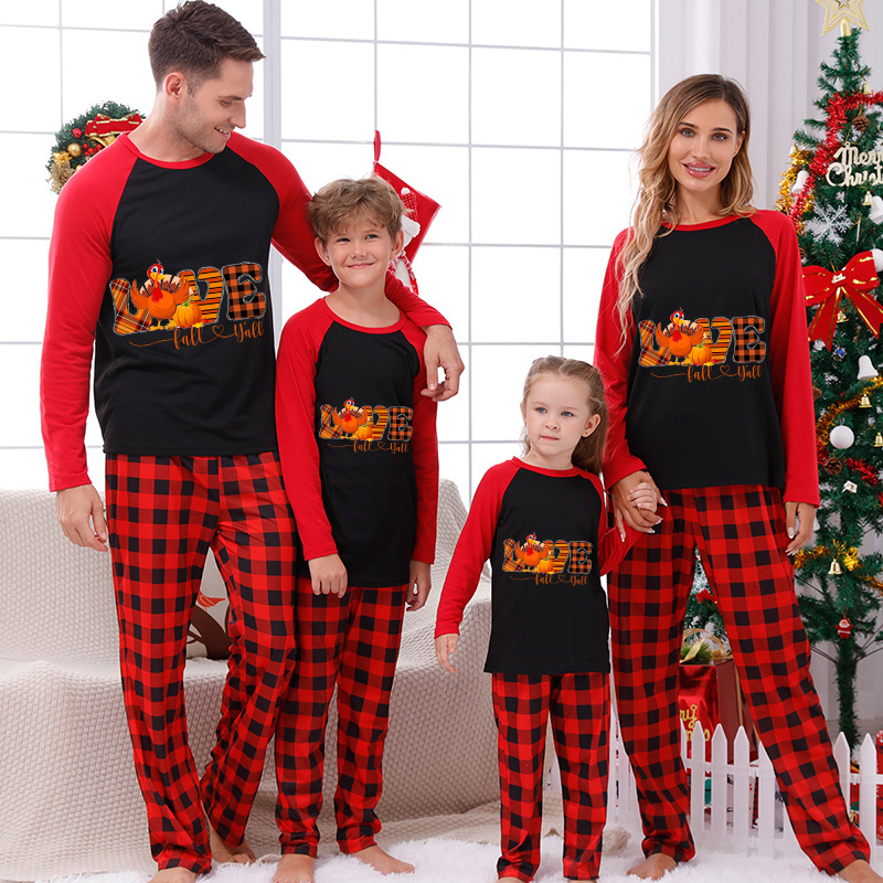 Thanksgiving Day Matching Family Pajamas Love Turkey Fall Y’all Red Pajamas Set