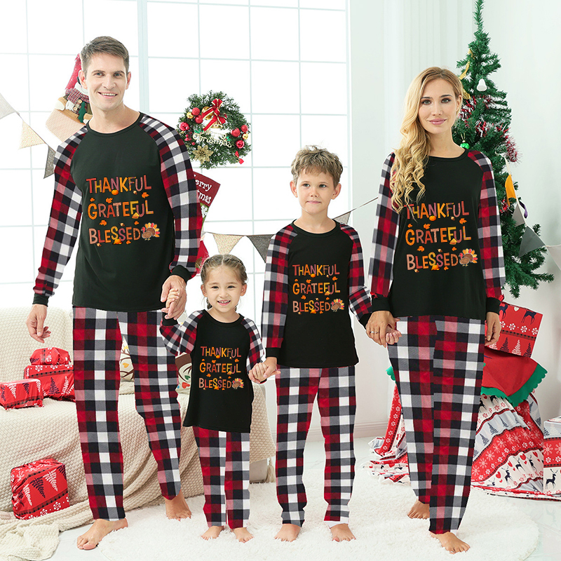 Thanksgiving Day Matching Family Pajamas Thankful Grateful Blessed Black And Red Plaids Pajamas Set