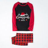 2022 Christmas Matching Family Pajamas Couple Deers Christmas Hat Black And Red Pajamas Set
