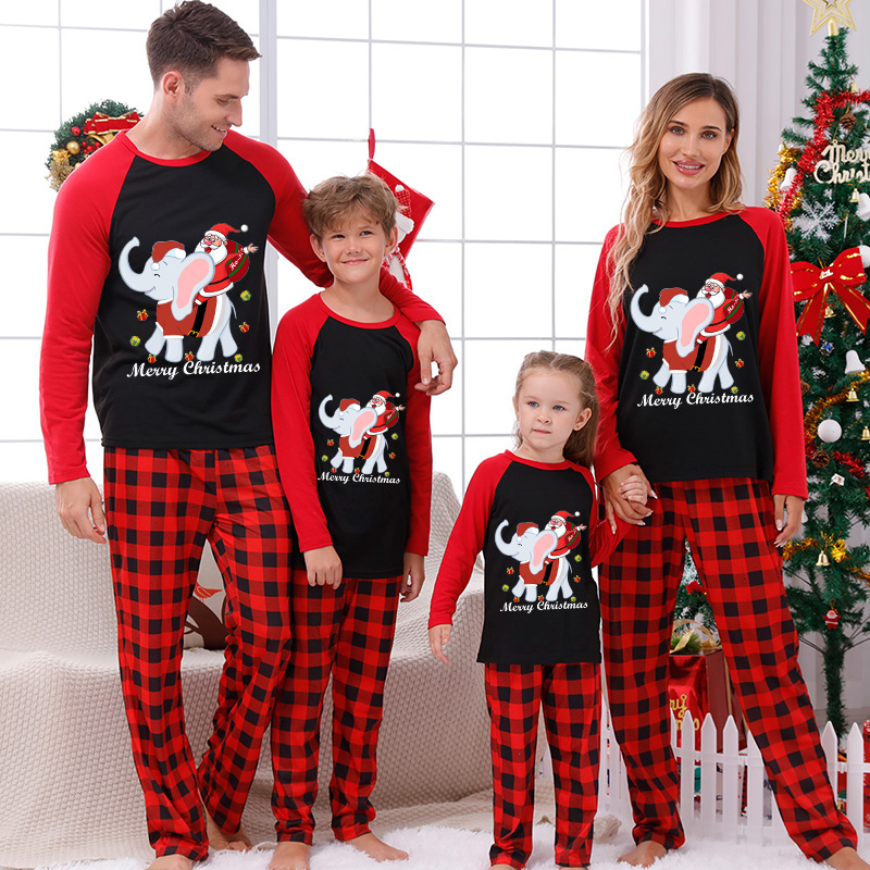 Christmas Matching Family Pajamas Christmas Elephant With Santa Claus Black And Red Pajamas Set