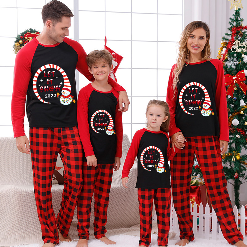 2022 Christmas Matching Family Pajamas Let It Snow Snowman Black And Red Pajamas Set