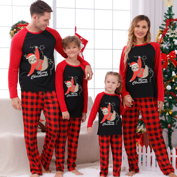 Christmas Matching Family Pajamas Sloth Lights Black And Red Pajamas Set