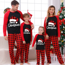 Christmas Matching Family Pajamas Plaids Hat Merry Christmas Slogan Black And Red Pajamas Set