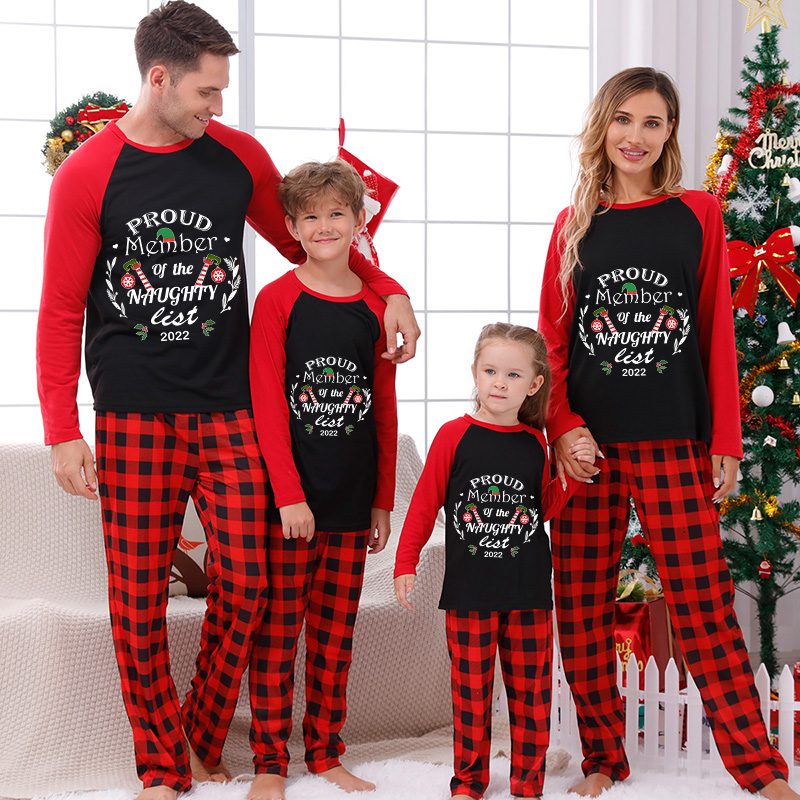 2022 Christmas Matching Family Pajamas Proud Member Of The Naughty List Black And Red Pajamas Set