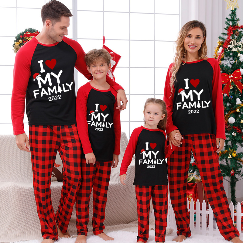 2022 Christmas Matching Family Pajamas I Love My Family Black And Red Pajamas Set