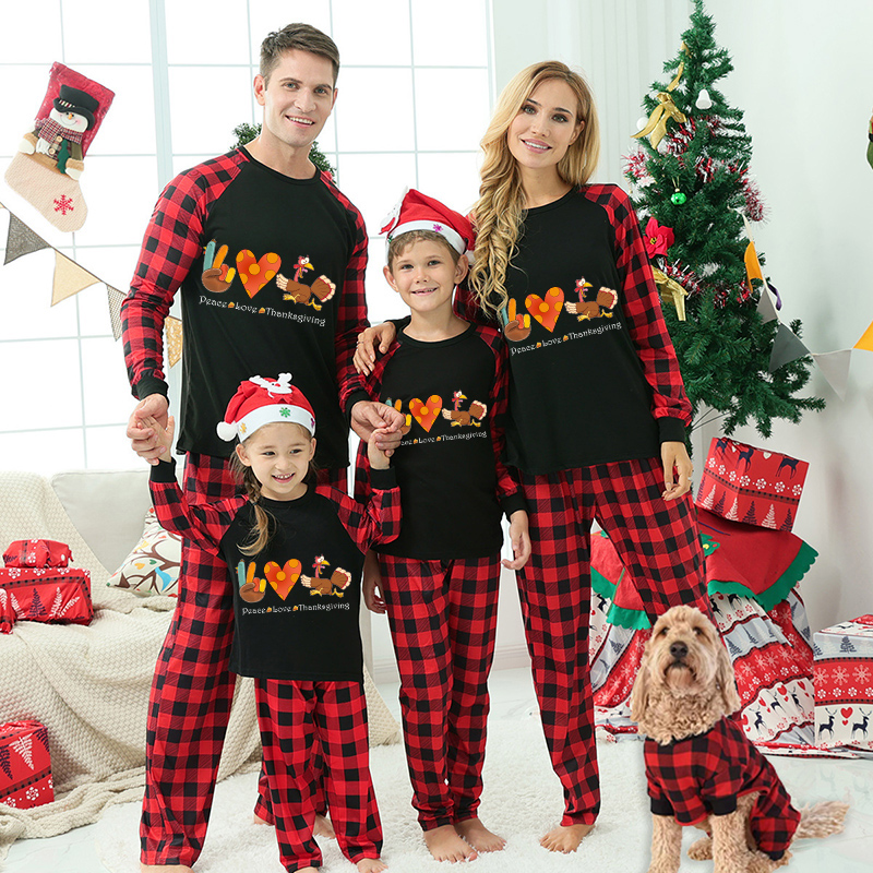 Thanksgiving Day Matching Family Pajamas Peace Love Thanksgiving Turkey Black Pajamas Set