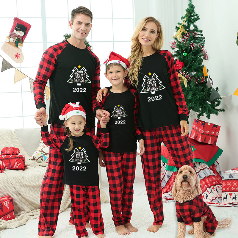 2022 Christmas Family Matching Pajamas We Wish You A Merry Christmas Tree Black Pajamas Set