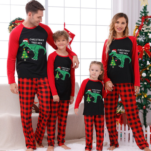 Christmas Matching Family Pajamas Christmas Tree Rex Dinosuar Black And Red Pajamas Set