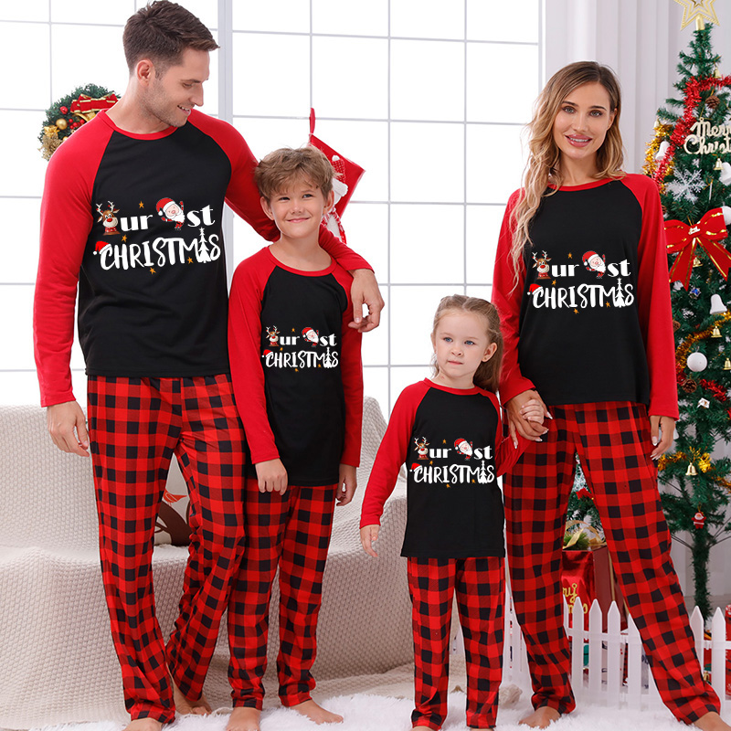 Christmas Matching Family Pajamas Our First Christmas Deer Santa Black And Red Pajamas Set