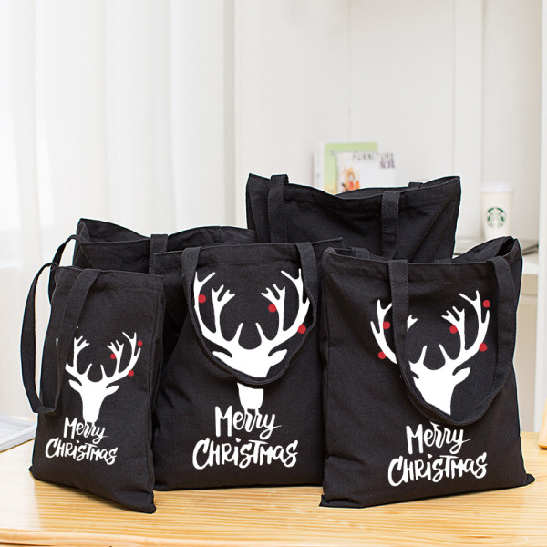 Christmas Eco Friendly Deer Antler Merry Christmas Slogan Handle Canvas Tote Bag
