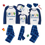 2022 Christmas Matching Family Pajamas Deer Antler Love Slogan Blue Plaids Pajamas Set
