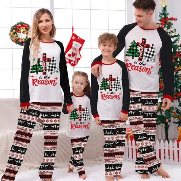 Christmas Matching Family Pajamas Jesus Is The Reason Christmas Trees Seamless Reindeer White Pajamas Set
