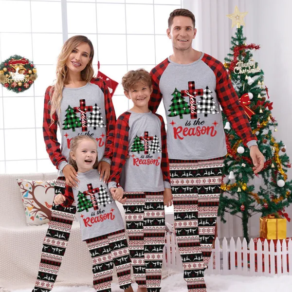 Christmas Matching Family Pajamas Jesus Is The Reason Christmas Trees Seamless Reindeer Gray Pajamas Set