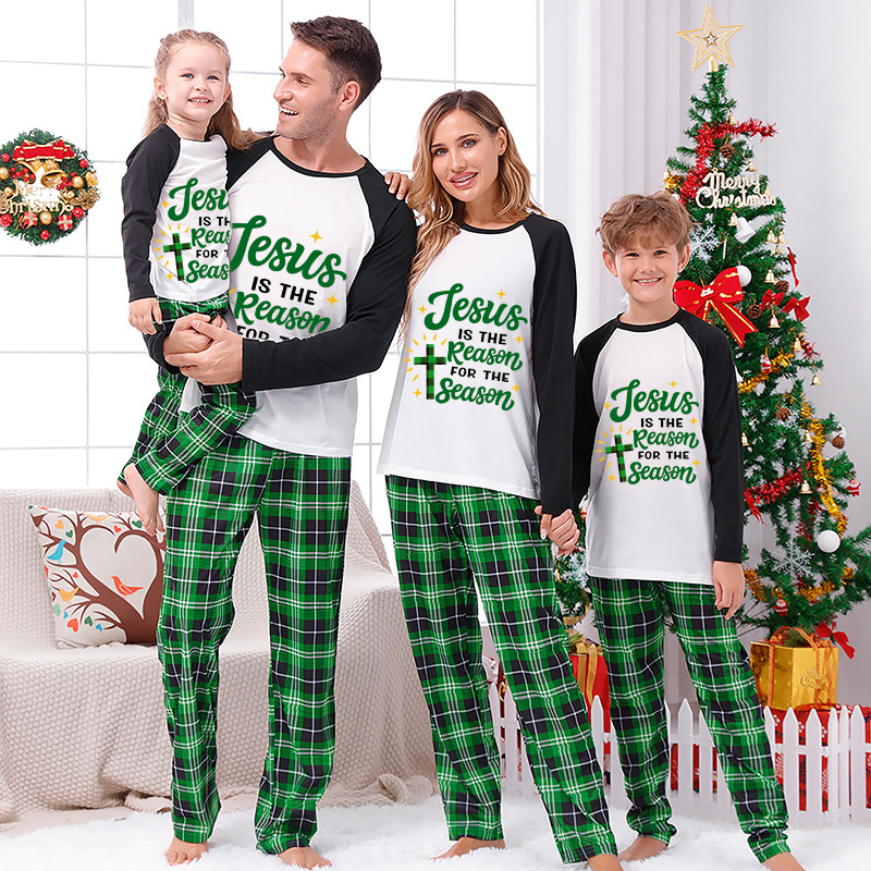 Christmas Matching Family Pajamas Jesus Is The Reason To The Season Green Plaids Pajamas Set