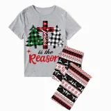 Christmas Matching Family Pajamas Jesus Is The Reason Christmas Trees Seamless Reindeer Gray Pajamas Set