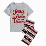 Christmas Matching Family Pajamas Jesus Is The Reason To The Season Seamless Reindeer Gray Pajamas Set