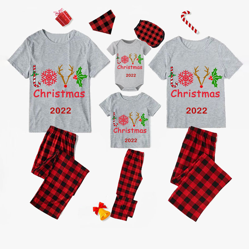 2022 Christmas Matching Family Pajamas Deer Antler Love Slogan Gray Pajamas Set