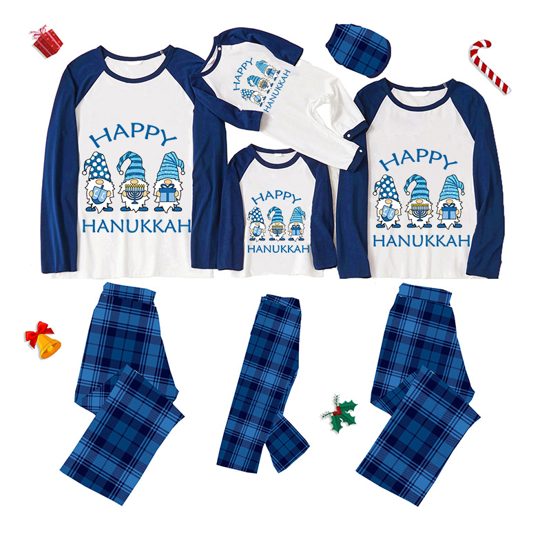 Christmas Matching Family Pajamas Exclusive Design Happy Hanukkah Gnomies Blue Plaids Pajamas Set