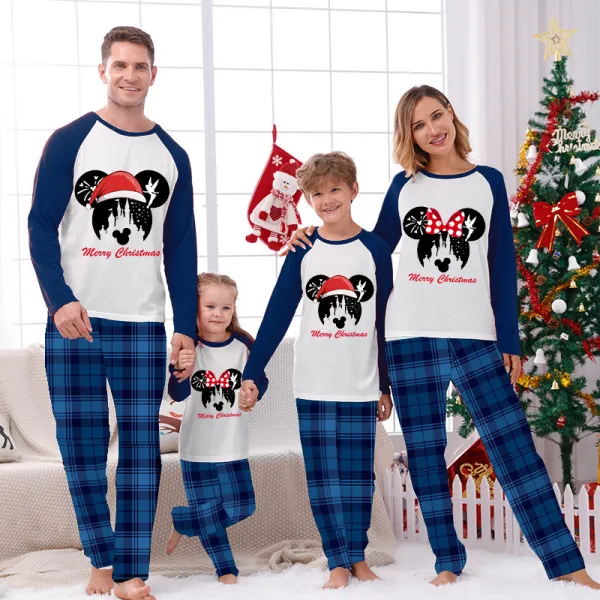 Christmas Matching Family Pajamas Cartoon Mouse With Christmas Hat Blue Pajamas Set