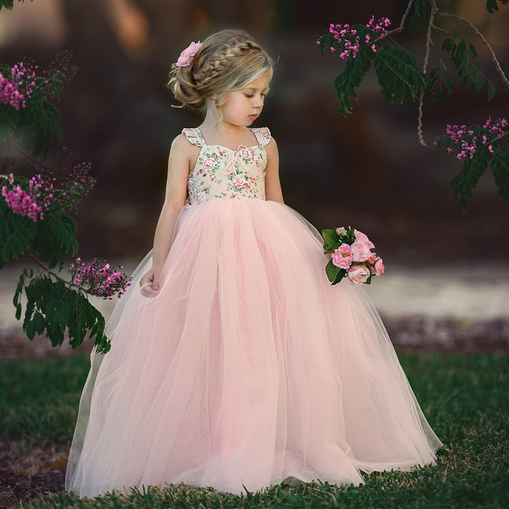 Toddler Girls Flowers Lace Ruffles Backless Tutu Princess Dress